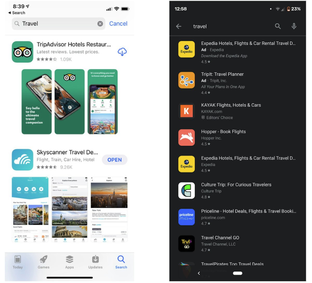 Lorsque vous recherchez le mot-clé « voyage » dans l'App Store, chaque application est affichée avec son icône, son titre, son sous-titre et ses trois premières captures d'écran. Dans le Google Play Store, seuls l'icône de l'application et le titre sont affichés.
